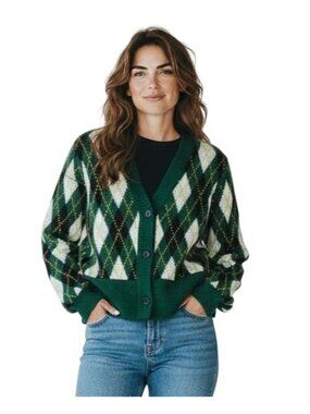 Staud Knave Cardigan in Green Cypress Argyle - Size S